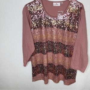 Quacker Factory Sequin Blouse in Pink and Gold